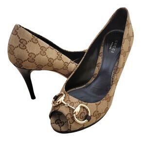 Gucci Horsebit Monogram Logo Peeptoe Brown High Heels Pumps 7.5 37.5 260036